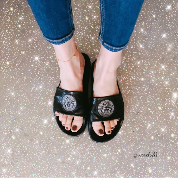 Versace Shoes - 😈 Versace 😈 Black Logo Slides Size 8